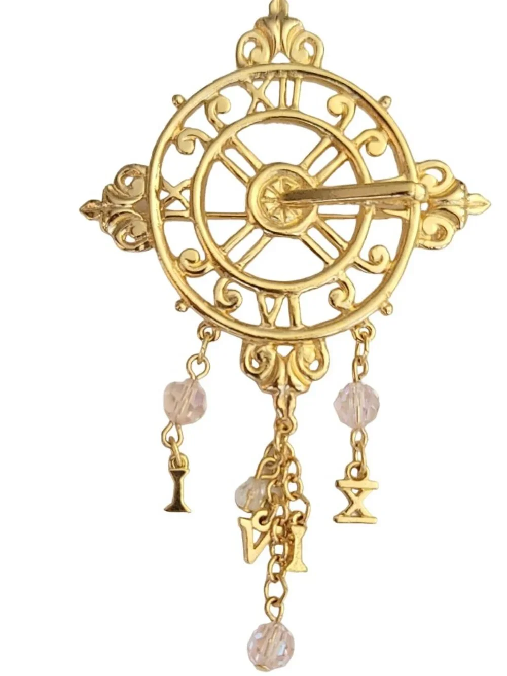 Kirks Folly 315 Clock, Crystal And Number Dangle Charm Brooch, Signed M246